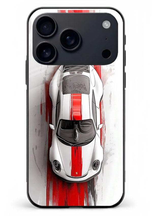 Porsche GT3 with bold center racing stripe in clean minimal top view design for iPhone 18 Pro Max