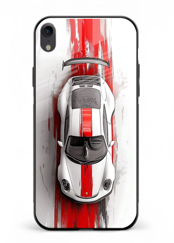 Porsche GT3 with bold center racing stripe in clean minimal top view design for iPhone XR