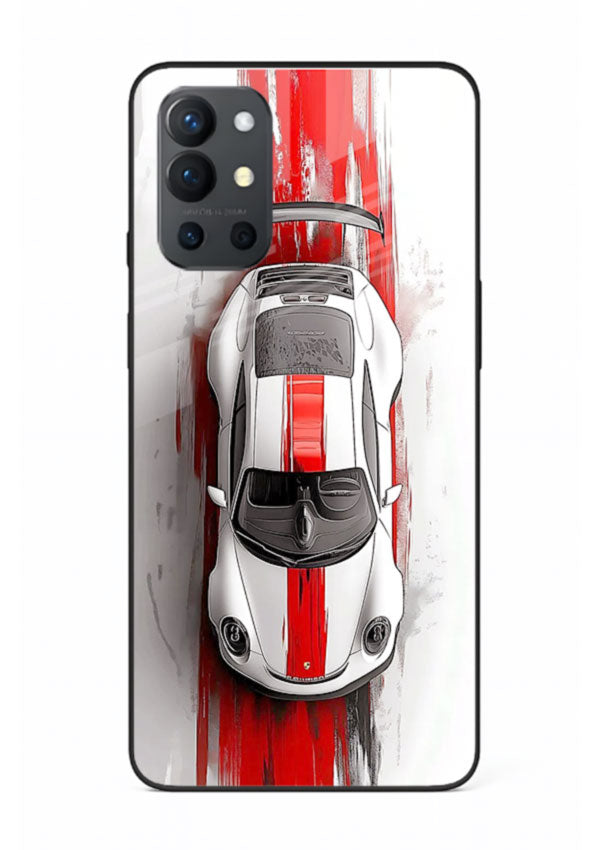 Porsche GT3 with bold center racing stripe in clean minimal top view design for OnePlus 9R