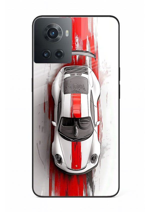 Porsche GT3 with bold center racing stripe in clean minimal top view design for OnePlus 10R