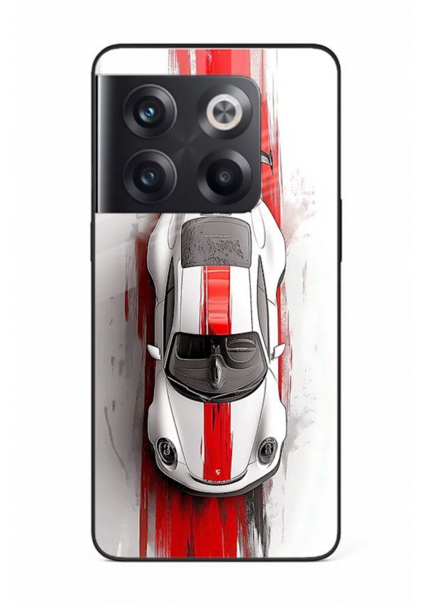 Porsche GT3 with bold center racing stripe in clean minimal top view design for OnePlus 10T
