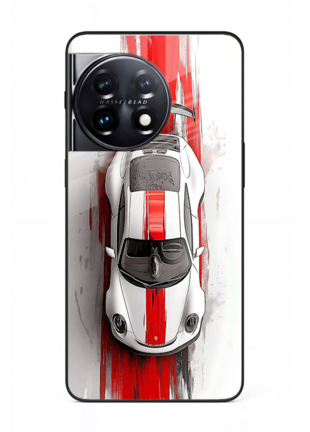 Porsche GT3 with bold center racing stripe in clean minimal top view design for OnePlus 11R