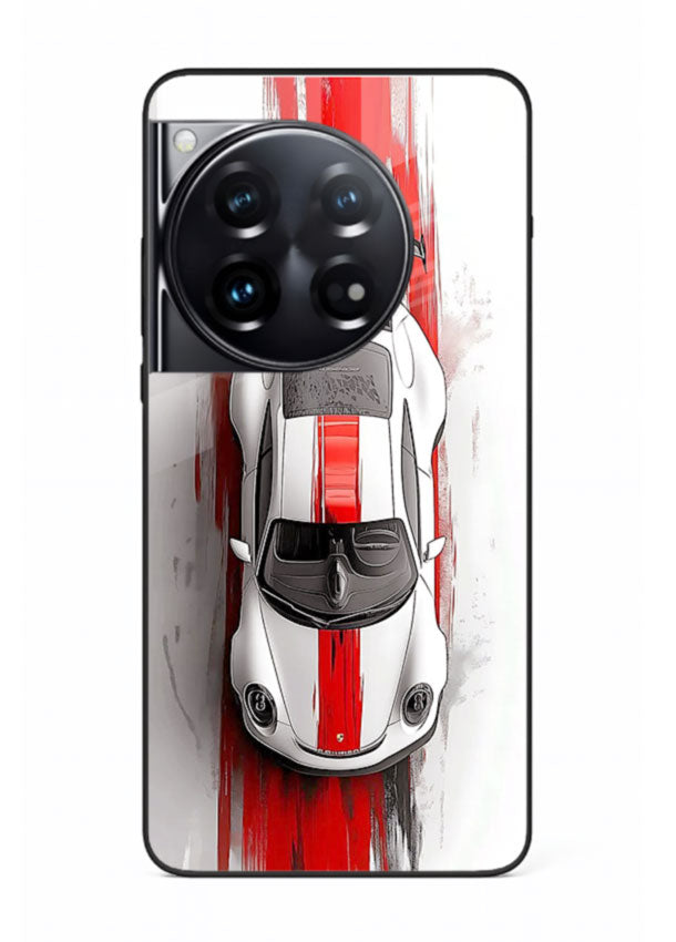 Porsche GT3 with bold center racing stripe in clean minimal top view design for OnePlus 12