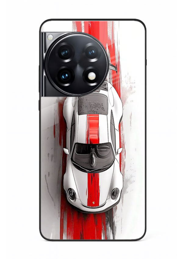 Porsche GT3 with bold center racing stripe in clean minimal top view design for OnePlus 12R
