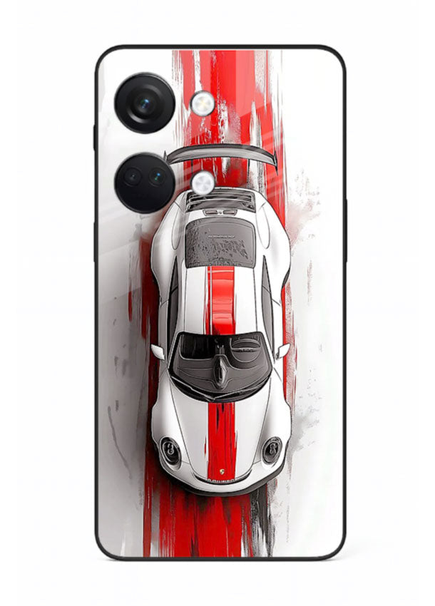 Porsche GT3 with bold center racing stripe in clean minimal top view design for OnePlus Nord 3