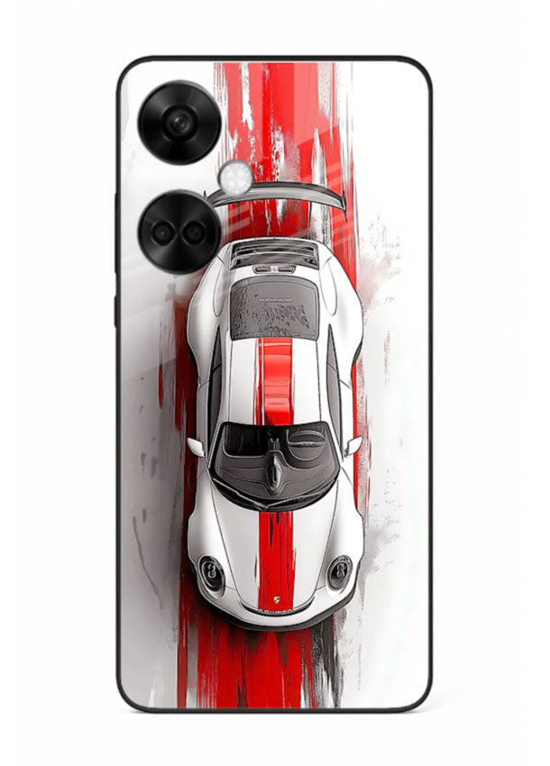 Porsche GT3 with bold center racing stripe in clean minimal top view design for OnePlus Nord CE3