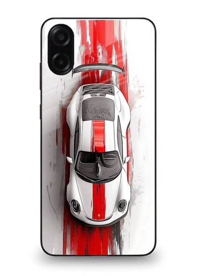 Porsche GT3 with bold center racing stripe in clean minimal top view design for Samsung M13 5G