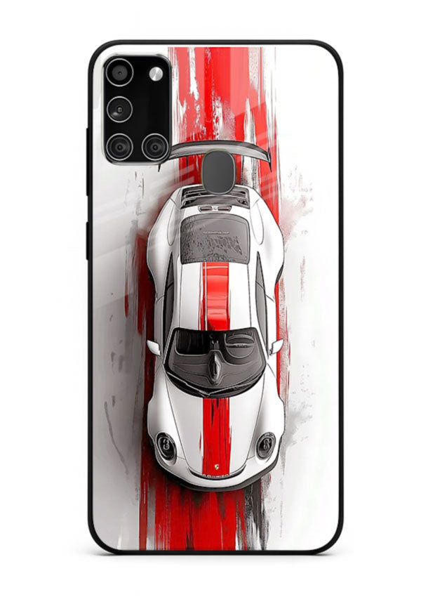 Porsche GT3 with bold center racing stripe in clean minimal top view design for Samsung A21s
