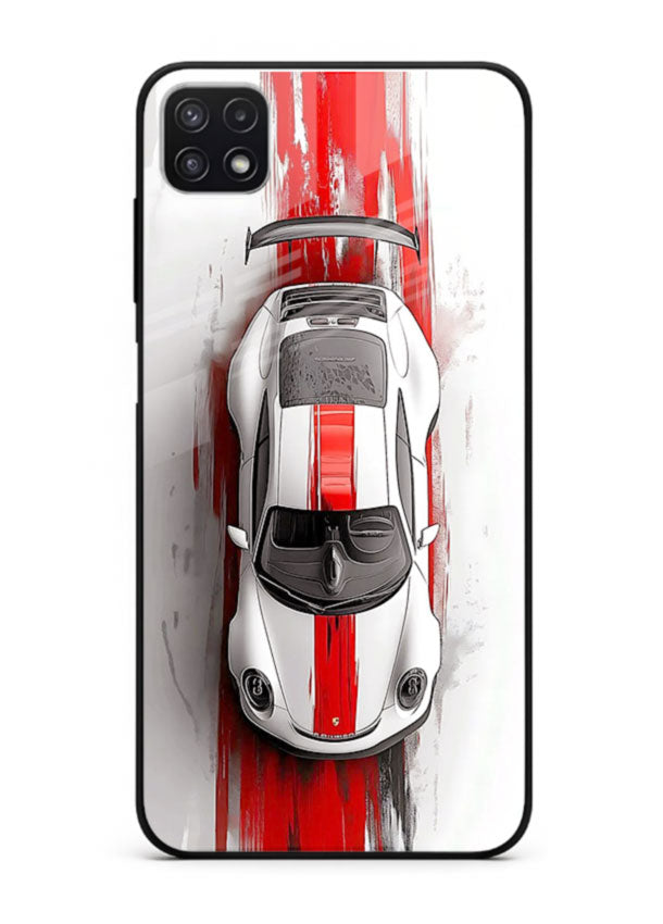 Porsche GT3 with bold center racing stripe in clean minimal top view design for Samsung F42 5G