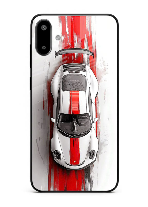 Porsche GT3 with bold center racing stripe in clean minimal top view design for Samsung F06 5G