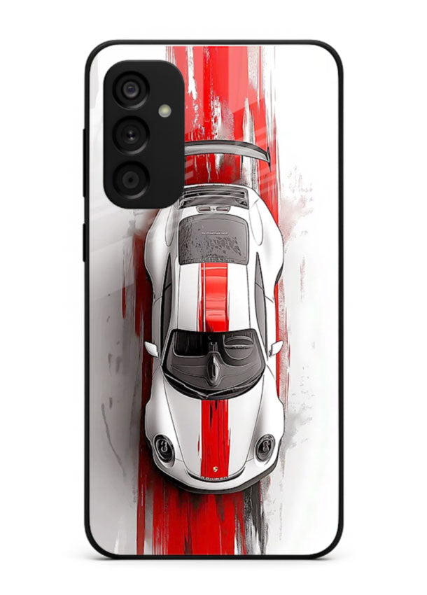 Porsche GT3 with bold center racing stripe in clean minimal top view design for Samsung M15 5G