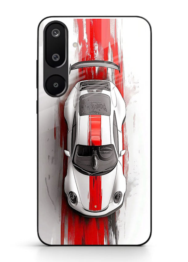 Porsche GT3 with bold center racing stripe in clean minimal top view design for Samsung M16 5G