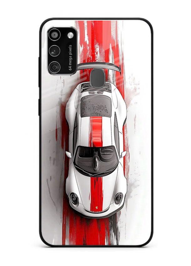 Porsche GT3 with bold center racing stripe in clean minimal top view design for Samsung M30s