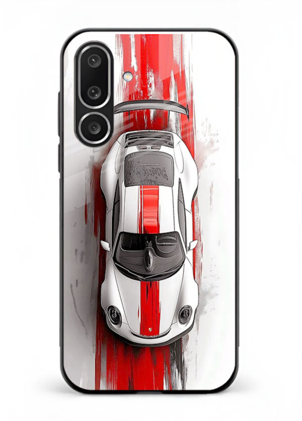 Porsche GT3 with bold center racing stripe in clean minimal top view design for Samsung M56 5G