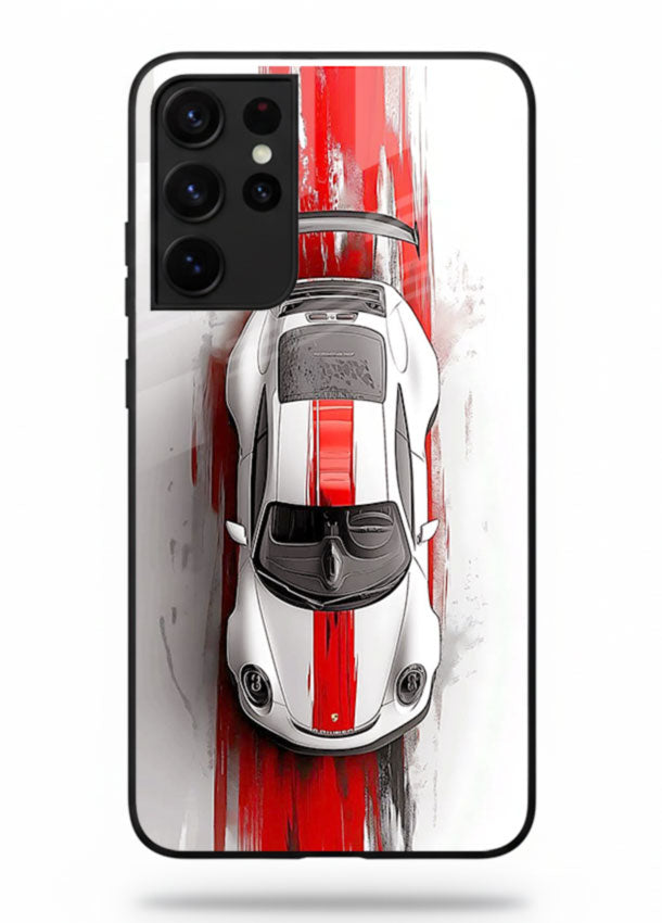 Porsche GT3 with bold center racing stripe in clean minimal top view design for Samsung S21 Ultra
