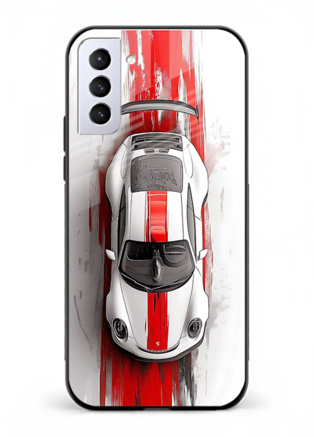 Porsche GT3 with bold center racing stripe in clean minimal top view design for Samsung S22