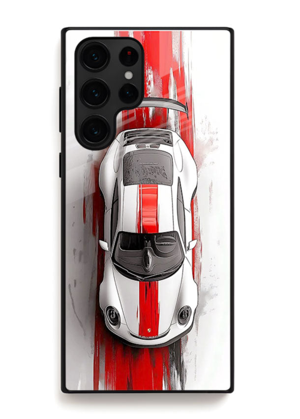 Porsche GT3 with bold center racing stripe in clean minimal top view design for Samsung S25 Ultra