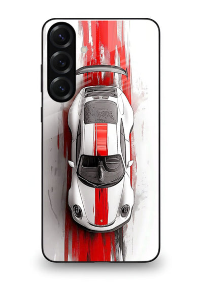 Porsche GT3 with bold center racing stripe in clean minimal top view design for Samsung S25