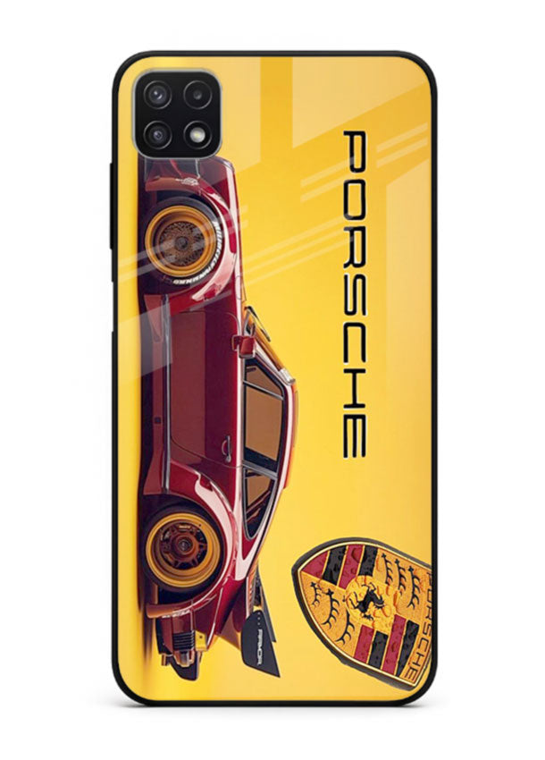 Classic Porsche car side profile with heritage styling and bold composition for Samsung F42 5G