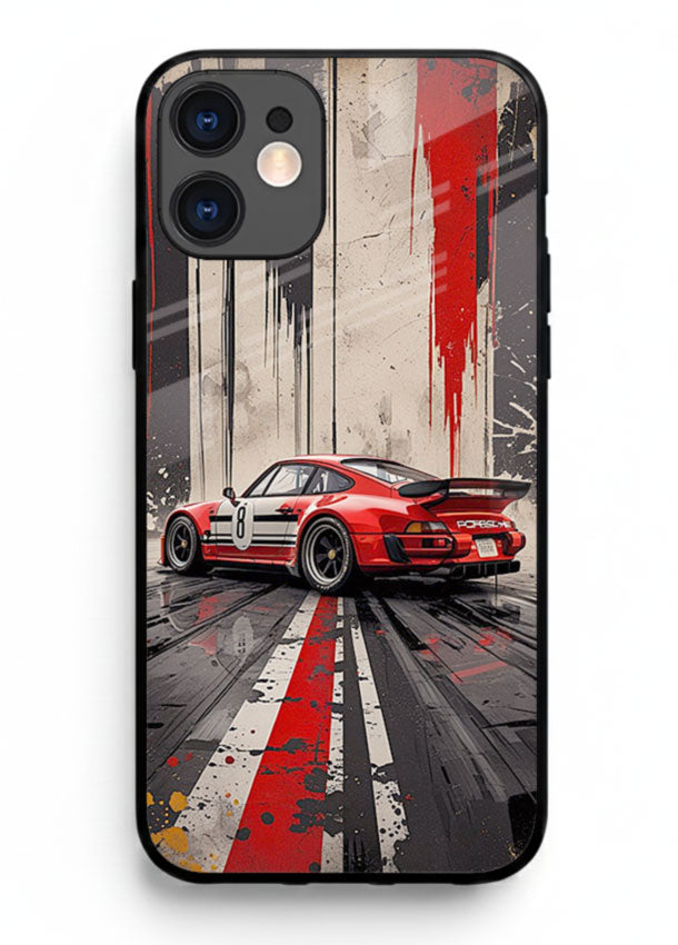 Porsche sports car with red and black stripes in urban street style background for iPhone 12 Mini