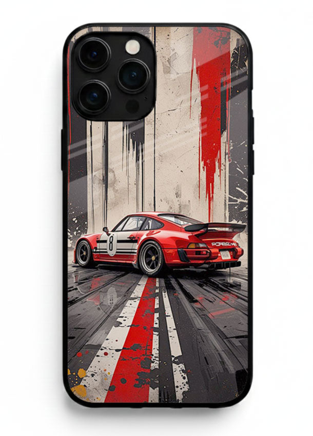 Porsche sports car with red and black stripes in urban street style background for iPhone 16 Pro Max