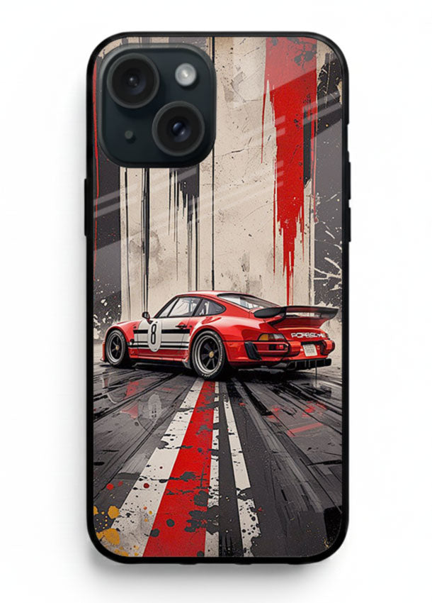 Porsche sports car with red and black stripes in urban street style background for iPhone 15 Plus