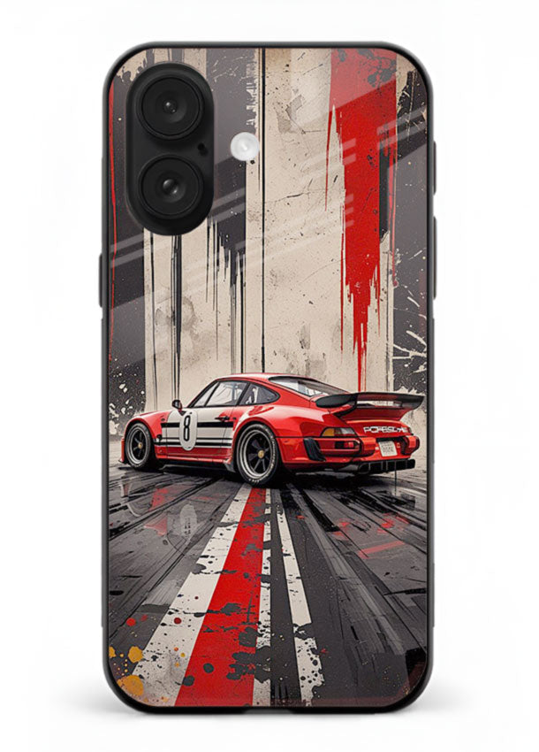 Porsche sports car with red and black stripes in urban street style background for iPhone 18