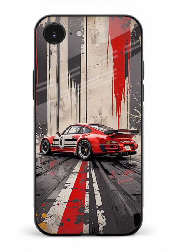 Porsche sports car with red and black stripes in urban street style background for iPhone 16E