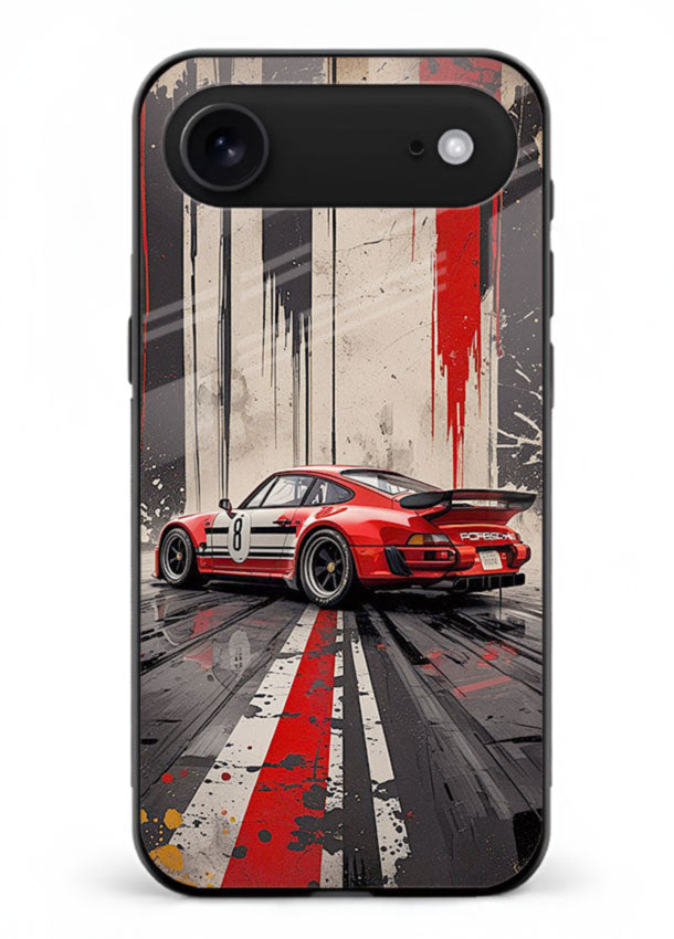 Porsche sports car with red and black stripes in urban street style background for iPhone 18 Air