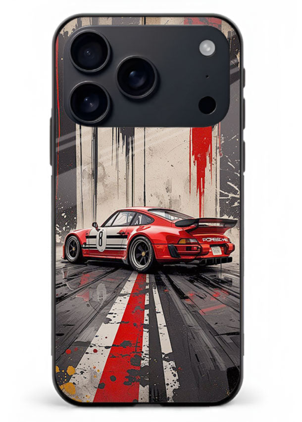Porsche sports car with red and black stripes in urban street style background for iPhone 18 Pro Max