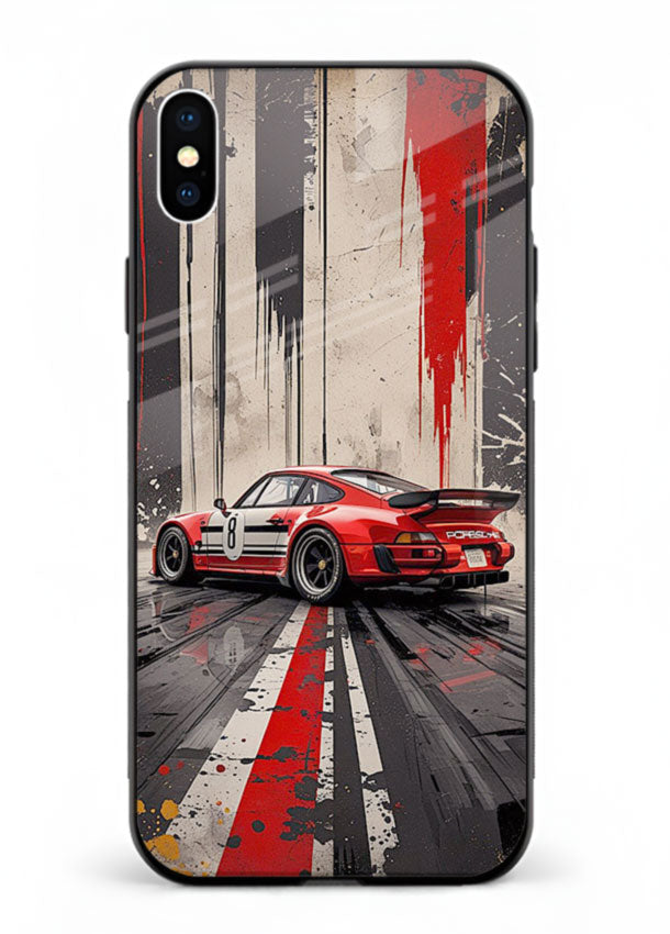 Porsche sports car with red and black stripes in urban street style background for iPhone XS Max