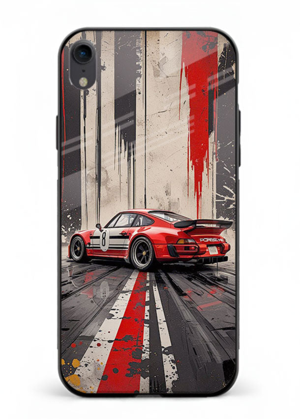 Porsche sports car with red and black stripes in urban street style background for iPhone XR