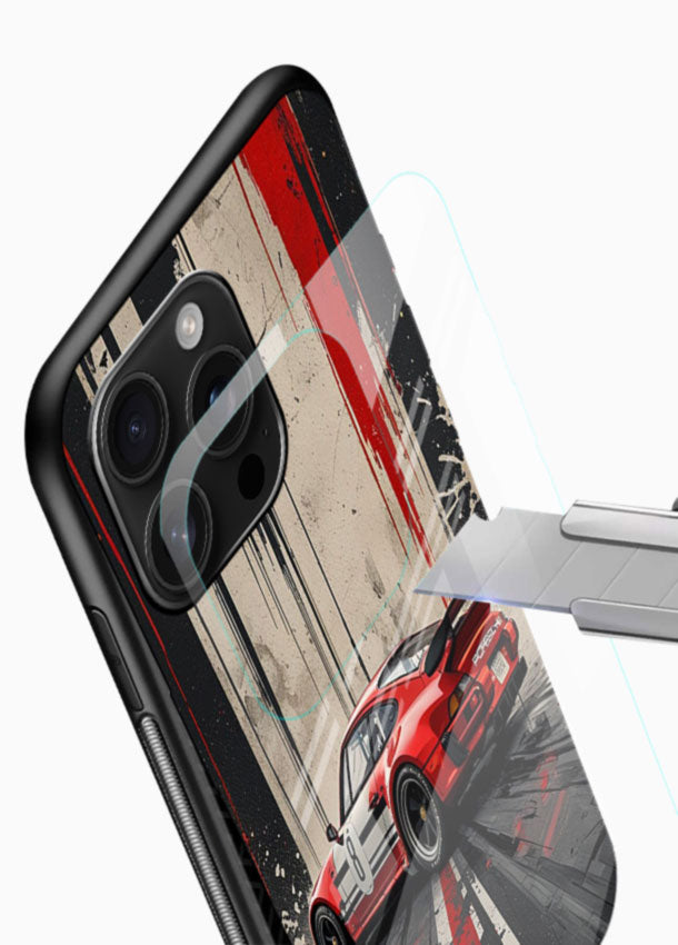 Porsche sports car with red and black stripes in urban street style background - 4