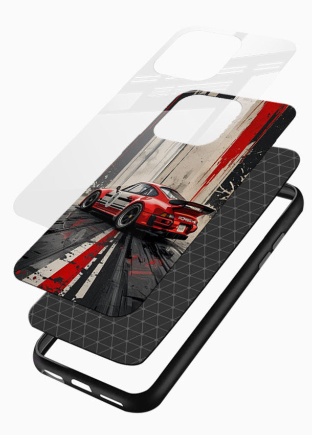 Porsche sports car with red and black stripes in urban street style background - 3