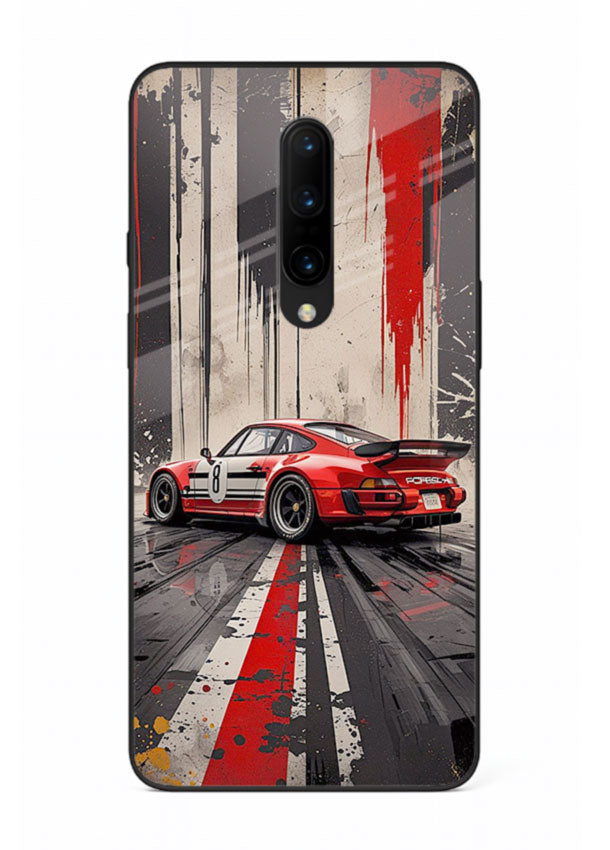 Porsche sports car with red and black stripes in urban street style background for OnePlus 8