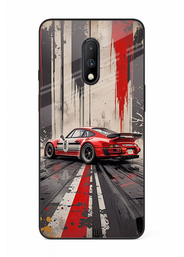 Porsche sports car with red and black stripes in urban street style background for OnePlus 7