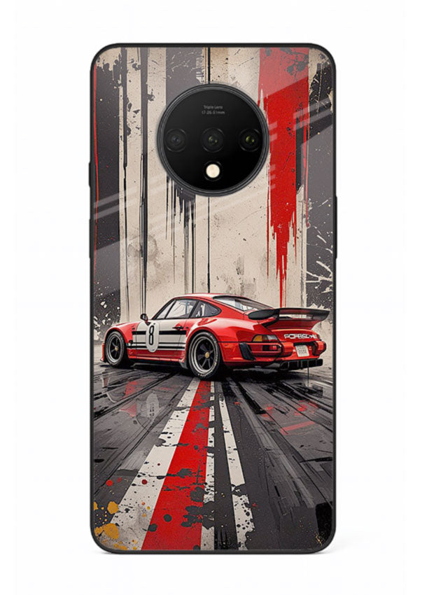 Porsche sports car with red and black stripes in urban street style background for OnePlus 7T