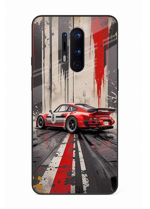 Porsche sports car with red and black stripes in urban street style background for OnePlus 8 Pro