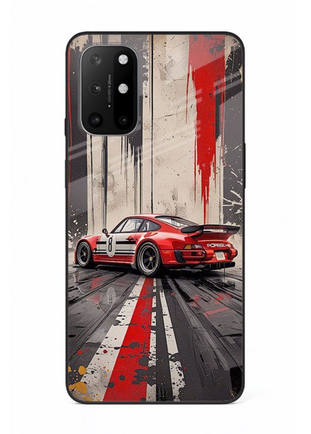 Porsche sports car with red and black stripes in urban street style background for OnePlus 8T