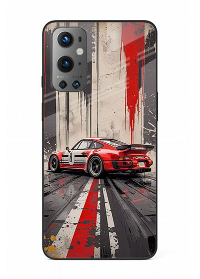 Porsche sports car with red and black stripes in urban street style background for OnePlus 9