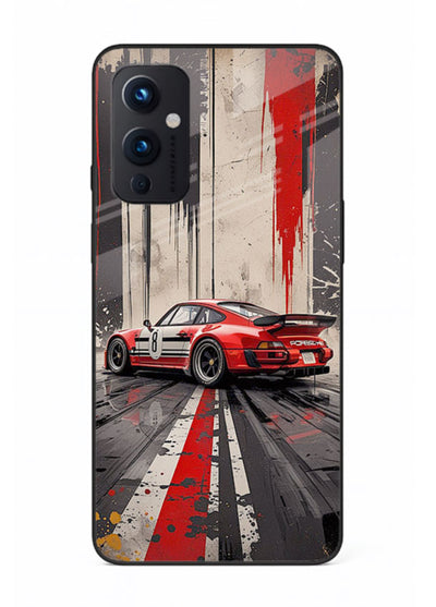 Porsche sports car with red and black stripes in urban street style background for OnePlus 9 Pro