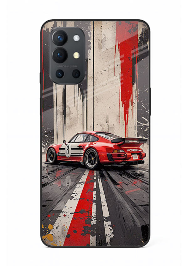 Porsche sports car with red and black stripes in urban street style background for OnePlus 9R