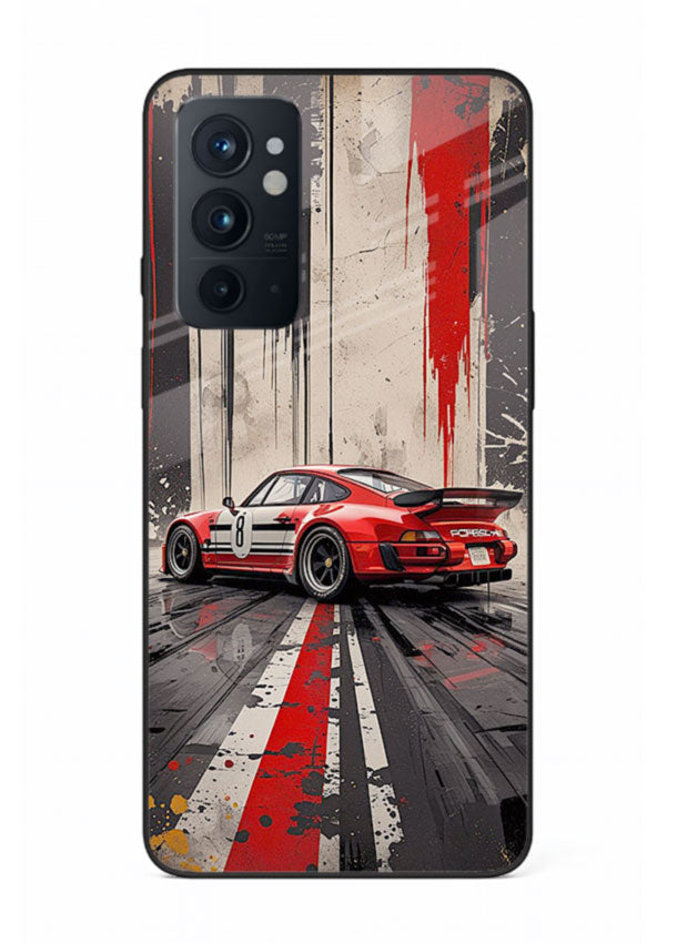 Porsche sports car with red and black stripes in urban street style background for OnePlus 9RT