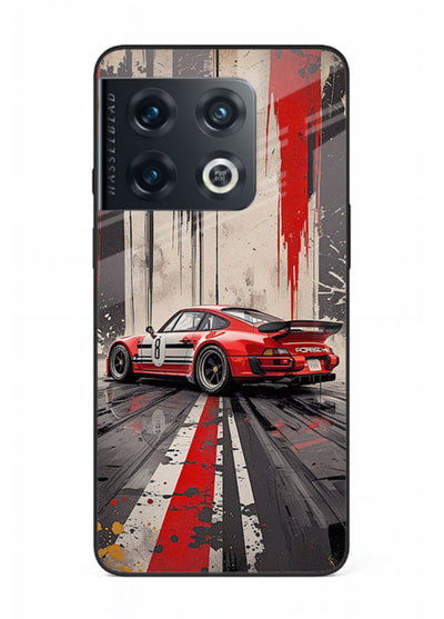 Porsche sports car with red and black stripes in urban street style background for OnePlus 10 Pro