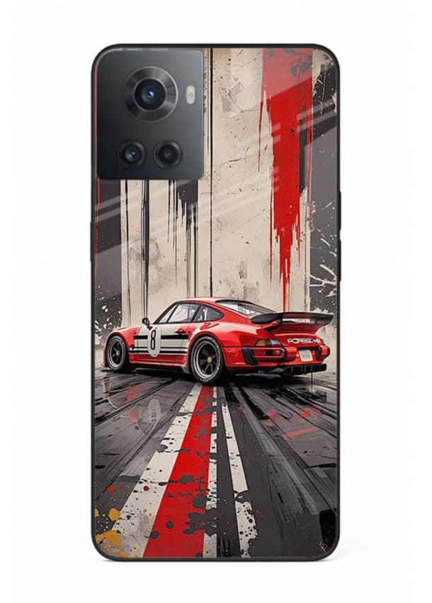 Porsche sports car with red and black stripes in urban street style background for OnePlus 10R