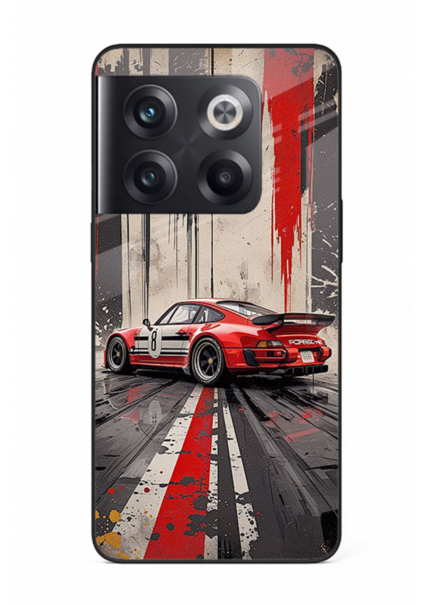 Porsche sports car with red and black stripes in urban street style background for OnePlus 10T