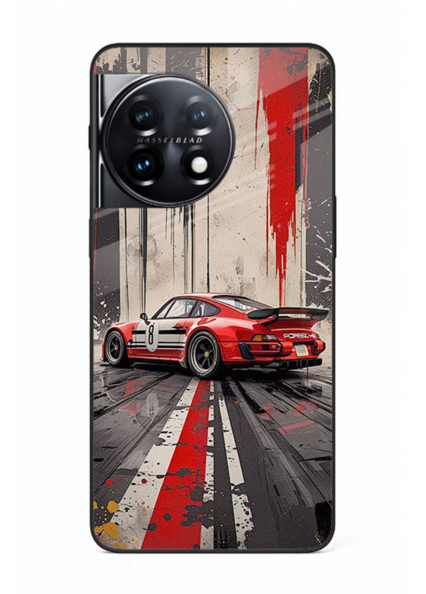Porsche sports car with red and black stripes in urban street style background for OnePlus 11R