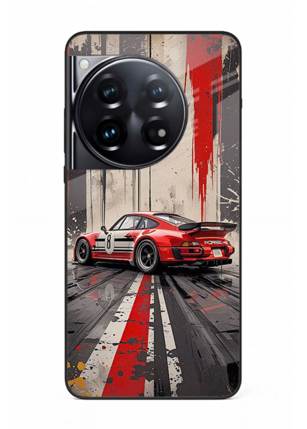 Porsche sports car with red and black stripes in urban street style background for OnePlus 12