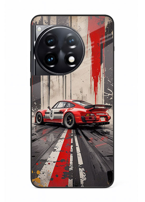 Porsche sports car with red and black stripes in urban street style background for OnePlus 12R
