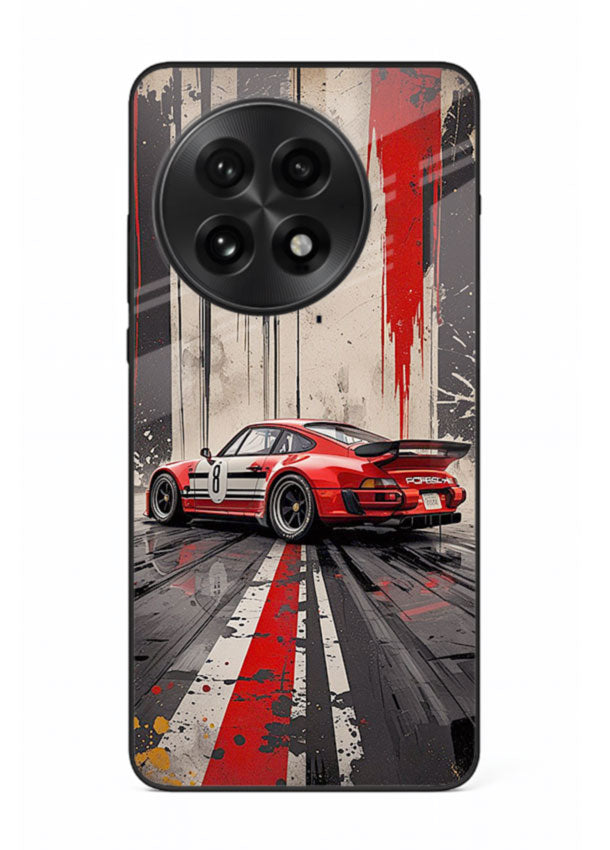 Porsche sports car with red and black stripes in urban street style background for OnePlus 13R